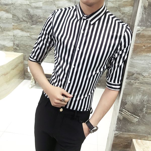 mens business casual short sleeve men button shirt classic striped slim fit male social men's dress shirts, White;black
mens business casual short sleeve men button shirt classic striped slim fit male social men's dress shirts, White;black