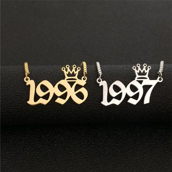 

custom old english number necklace crown bff jewelry gold year 1991 1992 1993 1994 1995 1996 1997 1998 1999 2000 birthday gift, Silver