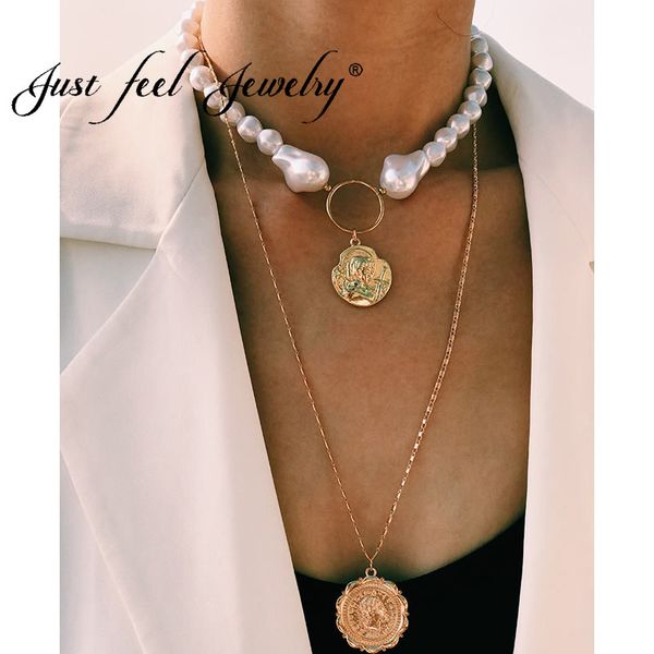 

just feel multilayer vintage simulated pearl choker necklace women gold color carved portrait coin chain pendant necklaces gifts, Silver