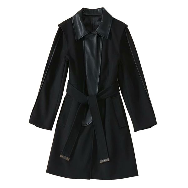 black leather patchwork turn-down collar long sleeve tie belt short trench coat fall / winter fashion women clothes wool coats, Tan;black
black leather patchwork turn-down collar long sleeve tie belt short trench coat fall / winter fashion women clothes wool coats, Tan;black