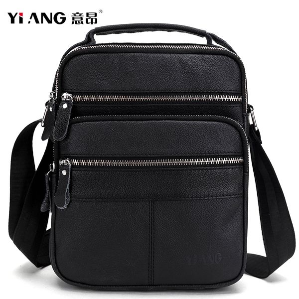 

yiang fashion men's black genuine leather crossbody messenger bag multi-pocket handbag man single shoulder bags business cowhide