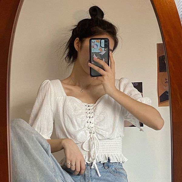 bubble short-sleeved female design sense niche temperament small machine short square collar shirt shirt top, White
bubble short-sleeved female design sense niche temperament small machine short square collar shirt shirt top, White
