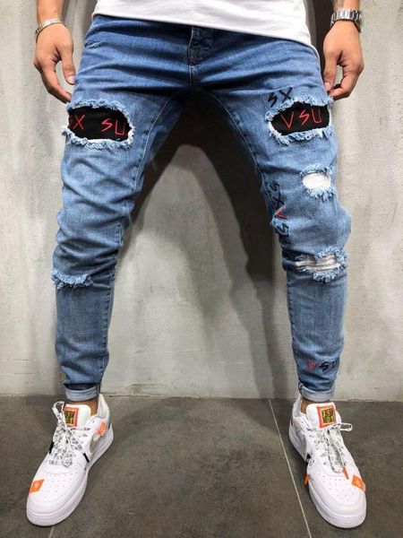 men's jeans men ripped skinny biker destroyed frayed print embroidery slim fit denim pant jean, Blue
men's jeans men ripped skinny biker destroyed frayed print embroidery slim fit denim pant jean, Blue
