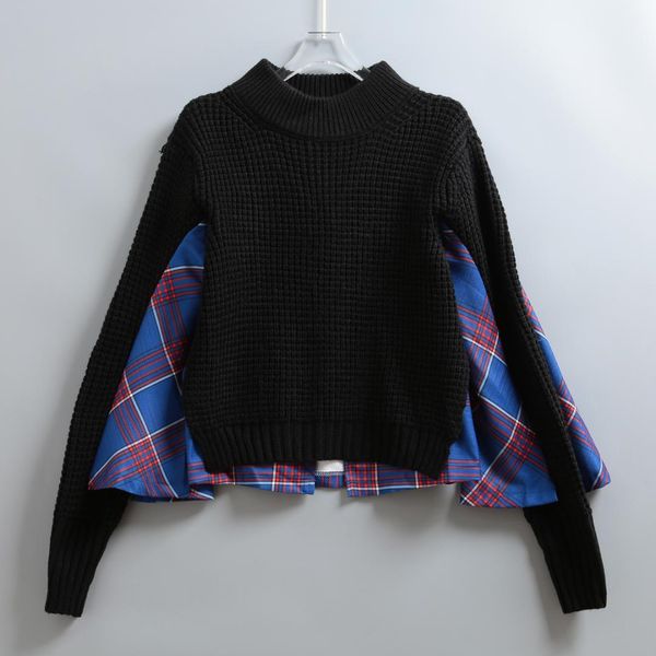 women's sweater stitching plaid fake two stylish bat sleeve design sweater, White;black
women's sweater stitching plaid fake two stylish bat sleeve design sweater, White;black