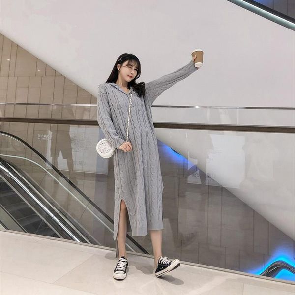 

casual women sweater dress autumn winter warm clothes apricot gray crochet knitted dress hooded side split long, Black;gray