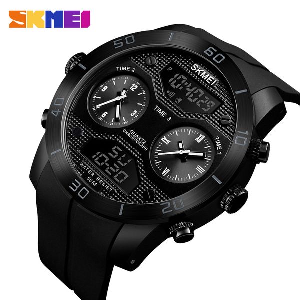 

skmei dual display watch men sport stainless steel strap wristwatches 5bar waterproof luminous 3 time men's clock reloj hombre, Slivery;brown