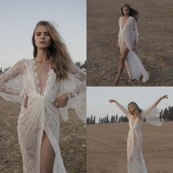 2020 lace boho wedding dresses long sleeves deep v neck floor length bridal gowns thigh high slits vestido de novia, White
2020 lace boho wedding dresses long sleeves deep v neck floor length bridal gowns thigh high slits vestido de novia, White