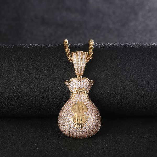 new dollar bag pendant with chain gold color cubic zircon men's hip hop necklace women jewelry for fashion, Silver
new dollar bag pendant with chain gold color cubic zircon men's hip hop necklace women jewelry for fashion, Silver