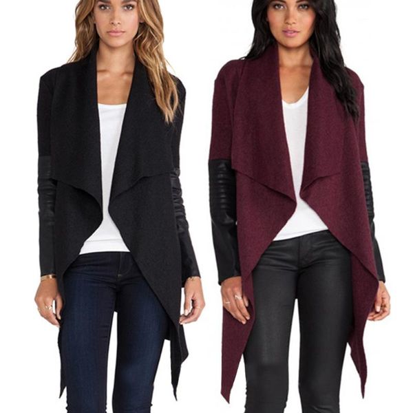new fashion women autumn contrast woollen pu leather long sleeve jacket slim belt coat, Black;brown
new fashion women autumn contrast woollen pu leather long sleeve jacket slim belt coat, Black;brown