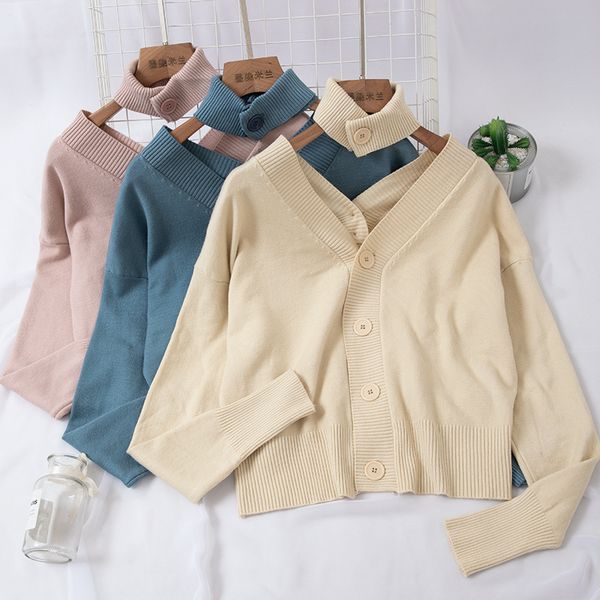 women's sweater v-neck button knit shirt open back cardigan autumn new two-side wear short retro sweater with collar, White;black
women's sweater v-neck button knit shirt open back cardigan autumn new two-side wear short retro sweater with collar, White;black