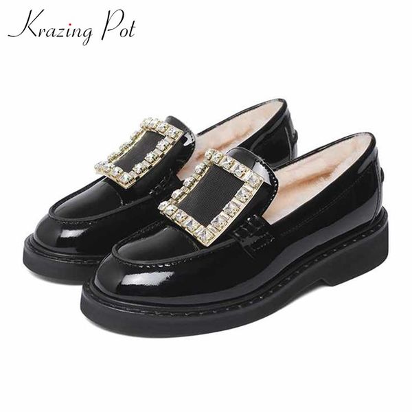 krazing pot shiny crystal square buckle genuine leather shoes med heels round toe women solid fashion keep warm cozy pumps l72, Black
krazing pot shiny crystal square buckle genuine leather shoes med heels round toe women solid fashion keep warm cozy pumps l72, Black