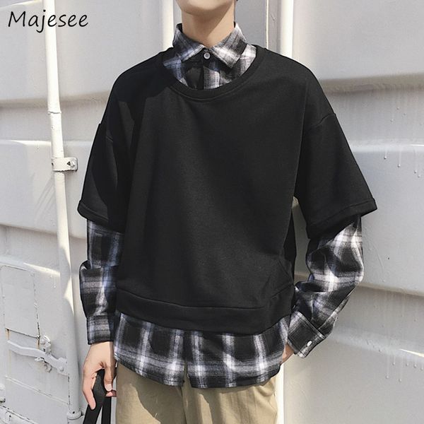 men shirts fake two pieces chic pullover all-match student plaid mens long sleeve turn-down collar retro bf harajuku couples, White;black
men shirts fake two pieces chic pullover all-match student plaid mens long sleeve turn-down collar retro bf harajuku couples, White;black