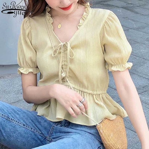 2020 summer new short sleeve woman's blous v neck puff sleeve korea drawstring chiffon blous solid super short slim shirts 10029, White
2020 summer new short sleeve woman's blous v neck puff sleeve korea drawstring chiffon blous solid super short slim shirts 10029, White