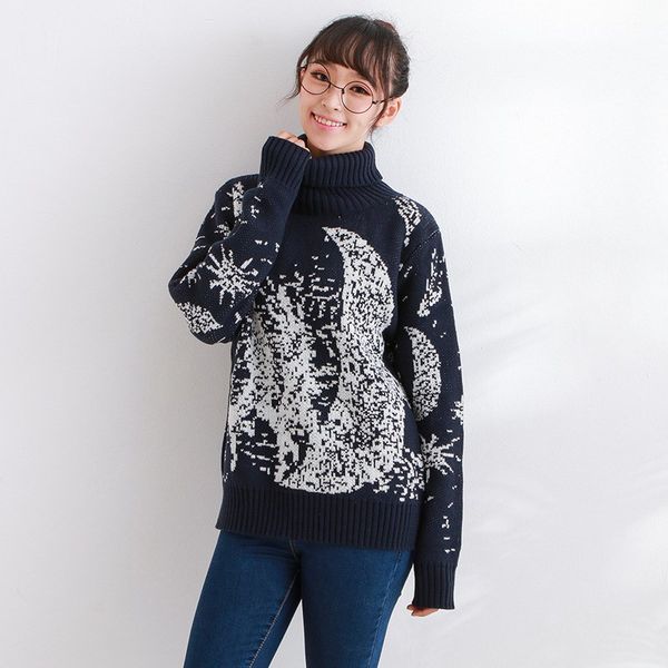 winter runway sweater fashion starry sky jacquard weave pullover long sleeve loose casual ladies knitted sweaters, White;black