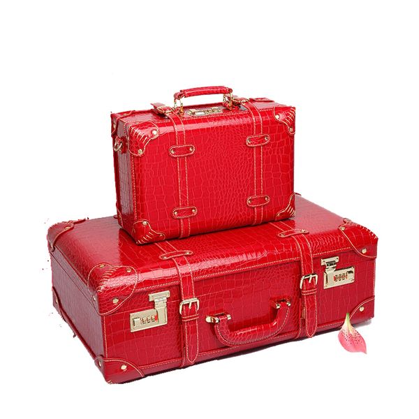 

beasumore red retro crocodile leather suitcase wheel women trolley wedding travel bag trunk carry on luggage password hardside