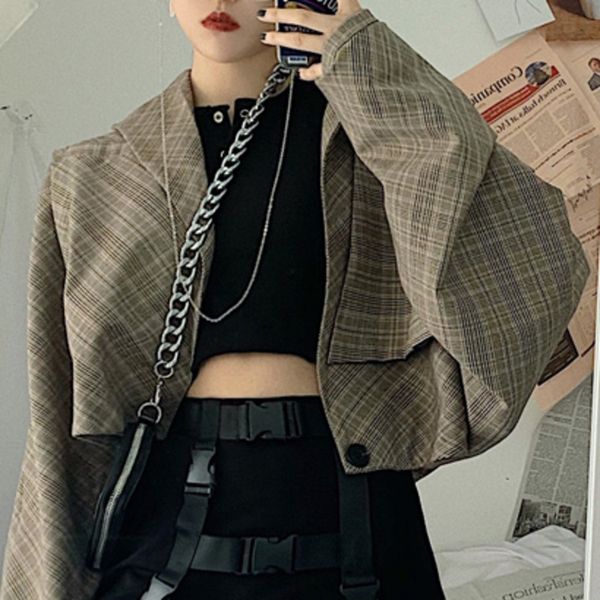 women's suits & blazers deat plaid long sleeve short section loose woman blazer jacket casual personality temperament fashion 2021 autu, White;black
women's suits & blazers deat plaid long sleeve short section loose woman blazer jacket casual personality temperament fashion 2021 autu, White;black