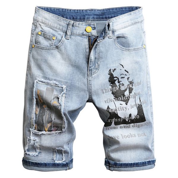 men's summer monroe character printed denim shorts fashion letters painted holes pathwork ripped jeans light blue
men's summer monroe character printed denim shorts fashion letters painted holes pathwork ripped jeans light blue
