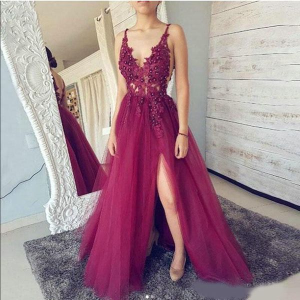 spaghetti straps deep v neck a line long prom dresses sleeveless split tulle evening formal party dress vestido de fiesta, Black
spaghetti straps deep v neck a line long prom dresses sleeveless split tulle evening formal party dress vestido de fiesta, Black