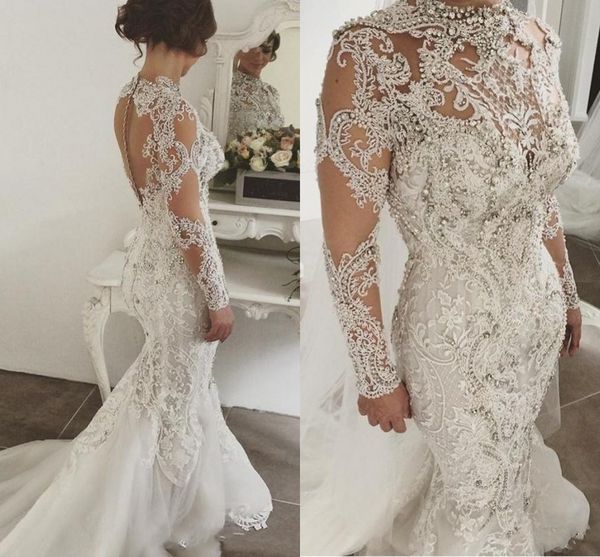 luxury rhinestones mermaid wedding dresses high neck lace applique bridal gowns beaded long sleeves wedding dress tulle bridal dress, White
luxury rhinestones mermaid wedding dresses high neck lace applique bridal gowns beaded long sleeves wedding dress tulle bridal dress, White