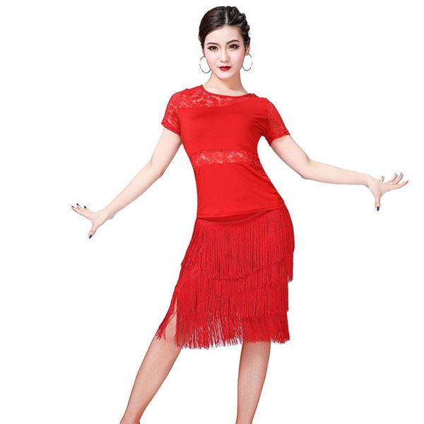women dancewear performance exercise clothes lace hollow out short sleeved shirt + fringed latin dance skirt 2019, Black;red 
women dancewear performance exercise clothes lace hollow out short sleeved shirt + fringed latin dance skirt 2019, Black;red