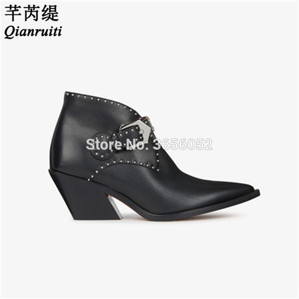 qianruiti fashion new autumn womens shoes pointed toe mid chunky heel ankle boots solid black leather buckle rivet studded bota
qianruiti fashion new autumn womens shoes pointed toe mid chunky heel ankle boots solid black leather buckle rivet studded bota