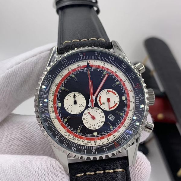 46mm quartz chronometer navitimer date mens watches luminous red hands watch black dial leather band wristwatches, Slivery;brown
46mm quartz chronometer navitimer date mens watches luminous red hands watch black dial leather band wristwatches, Slivery;brown