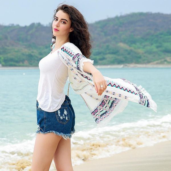 women blouse tassel boho style printing holiday shirt mid-long paragraph sunscreen cardigan beachwear blouses, White
women blouse tassel boho style printing holiday shirt mid-long paragraph sunscreen cardigan beachwear blouses, White