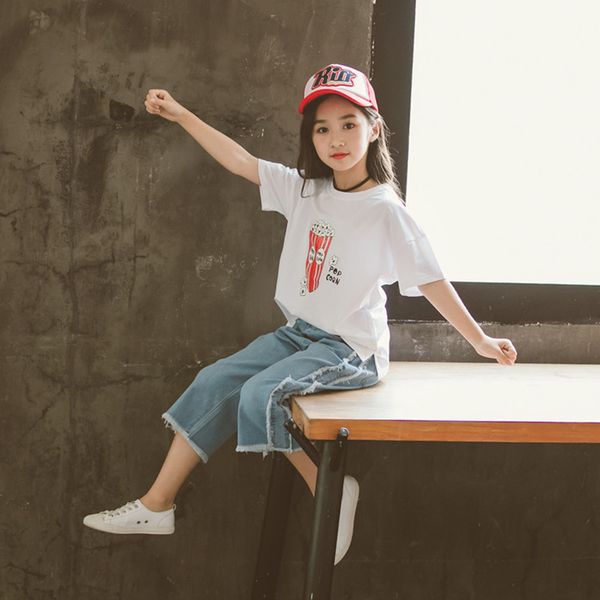 teenager fashion summer 2pcs set kids printed popcorn t-shirt and wide-leg jeans suit children clothes pure cotton, White
teenager fashion summer 2pcs set kids printed popcorn t-shirt and wide-leg jeans suit children clothes pure cotton, White