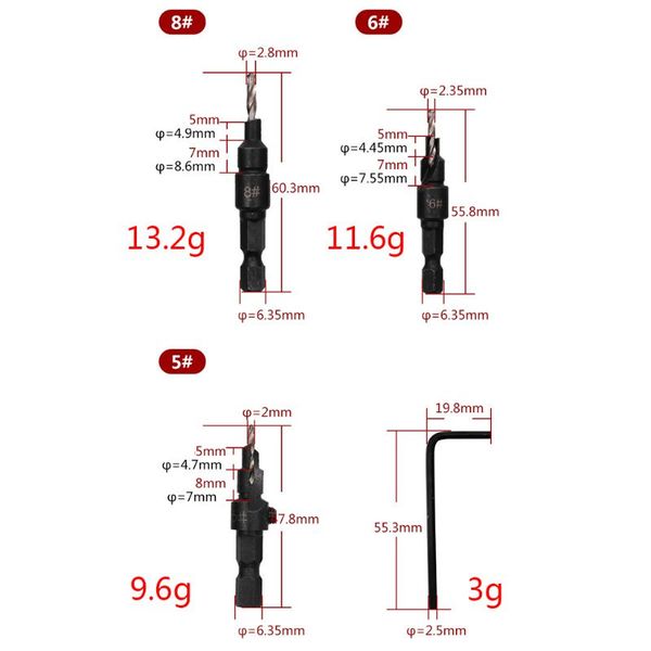 5pcs hss countersink drill bits woodworking drilling pilot holes hex key wrench e65b
5pcs hss countersink drill bits woodworking drilling pilot holes hex key wrench e65b