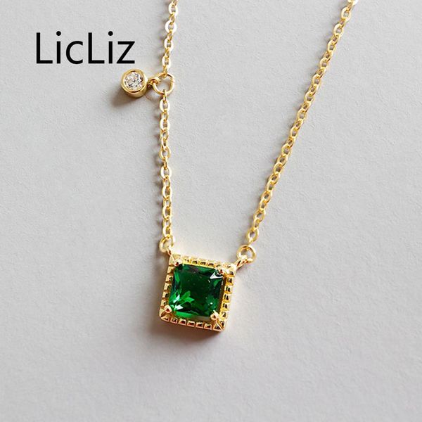 licliz new 925 sterling silver green square zircon pendant necklaces for women 18k gold link chain round clear cz jewelry ln0440