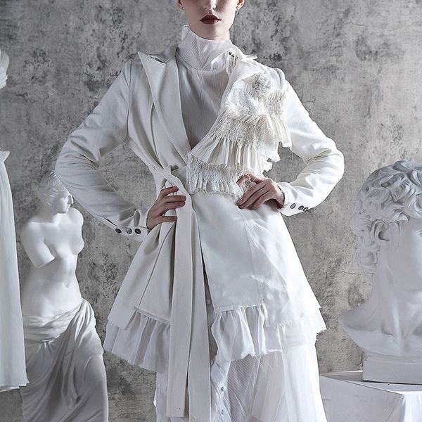 women's suits & blazers patchwork ruffle mesh blazer women notched collar long sleeve high waist lace up irregular suit female fashion, White;black
women's suits & blazers patchwork ruffle mesh blazer women notched collar long sleeve high waist lace up irregular suit female fashion, White;black