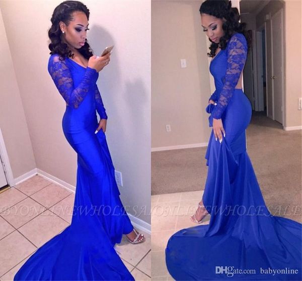 african black girls elegant 2019 royal blue mermaid prom dresses long sleeves sheer appliques evening gowns jewel neck backless formal dress, Black;red
african black girls elegant 2019 royal blue mermaid prom dresses long sleeves sheer appliques evening gowns jewel neck backless formal dress, Black;red