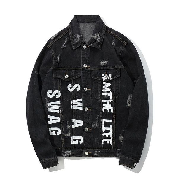 mens jackets fashion casaul letter printing embroidery denim jacket loose casual long sleeve jacket autumn streetwear m-xxl, Black;brown