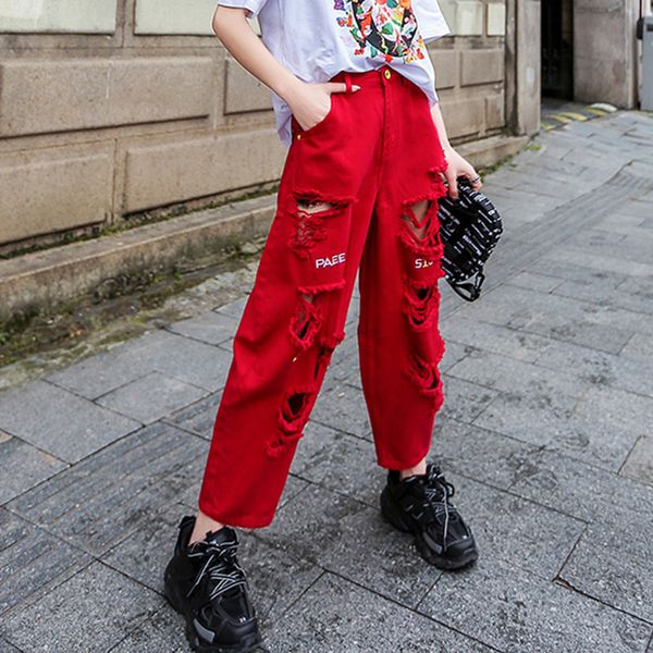 red women jeans high waist jeans womens street style distressed straight cylinder hole elastic force pants, Blue
red women jeans high waist jeans womens street style distressed straight cylinder hole elastic force pants, Blue