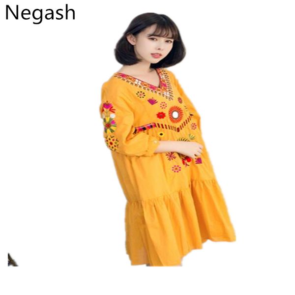 negash brand national folk 2019 spring runway fashion women's v-neck cotton dress embroidered bohemian seaside travel dresses, Black;gray 
negash brand national folk 2019 spring runway fashion women's v-neck cotton dress embroidered bohemian seaside travel dresses, Black;gray