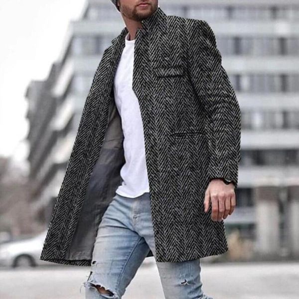 winter fashion men's solid color slim long single-breasted woolen trench coat, Black
winter fashion men's solid color slim long single-breasted woolen trench coat, Black