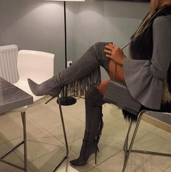 woman gray suede leather slim tassels back pointed toe over the knee thin heels thigh long boots fringes high heels, Black
woman gray suede leather slim tassels back pointed toe over the knee thin heels thigh long boots fringes high heels, Black