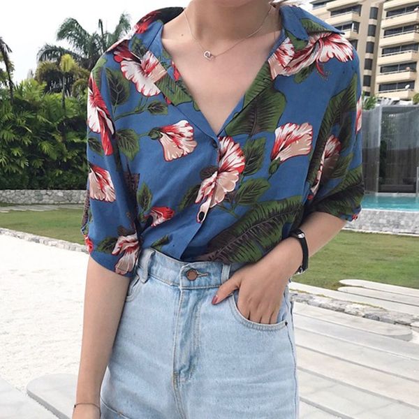 women floral shirts ladies short sleeve v neck beach blouse vintage summer blouses, White
women floral shirts ladies short sleeve v neck beach blouse vintage summer blouses, White