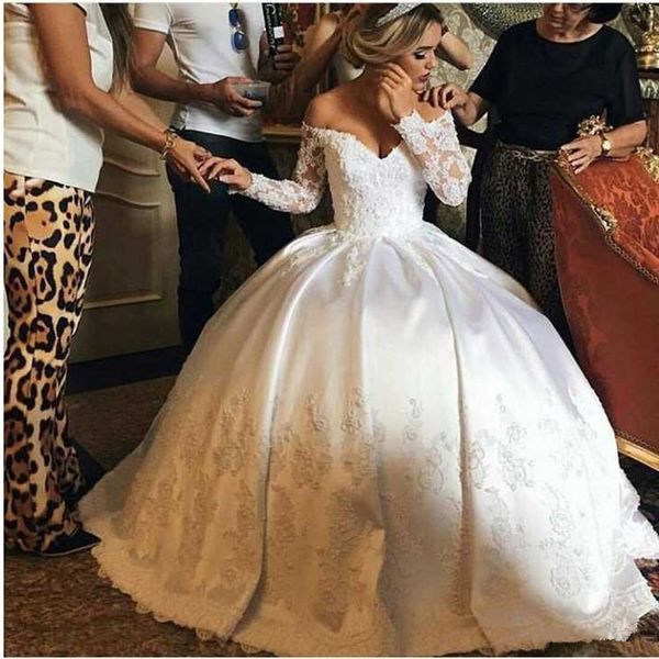 new princess ball gown a line wedding dresses v neck lace appliques long sleeve satin bridal gown vestidos de novia formal dress for bride, White
new princess ball gown a line wedding dresses v neck lace appliques long sleeve satin bridal gown vestidos de novia formal dress for bride, White