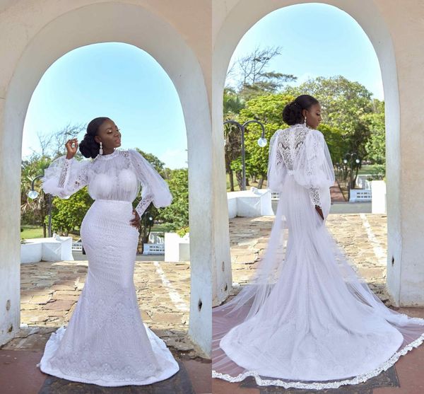 full lace high neck long poet sleeves mermaid wedding dresses with detachable train african sheath beach bohemian bridal gown, White
full lace high neck long poet sleeves mermaid wedding dresses with detachable train african sheath beach bohemian bridal gown, White