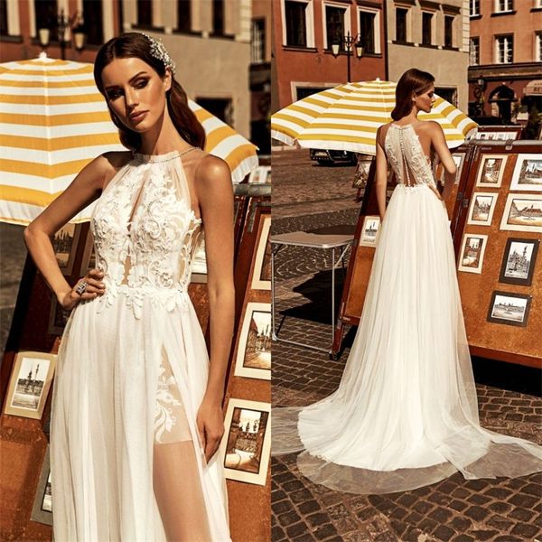 wedding dresses halter sleeveless a-line bridal dress appliqued lace beach illusion sweep train robes de mariée custom made, White
wedding dresses halter sleeveless a-line bridal dress appliqued lace beach illusion sweep train robes de mariée custom made, White