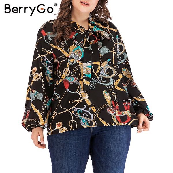 berrygo chain print womens blouse blouses elegant bow tie lantern sleeve shirt female plus size chiffon blouse shirts, White 
berrygo chain print womens blouse blouses elegant bow tie lantern sleeve shirt female plus size chiffon blouse shirts, White