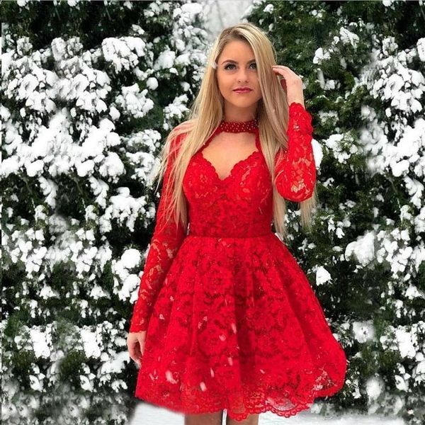 setwell red halter a-line cocktail dresses long sleeves fully lace appliques knee length homecoming party gowns with pearls, Black
setwell red halter a-line cocktail dresses long sleeves fully lace appliques knee length homecoming party gowns with pearls, Black