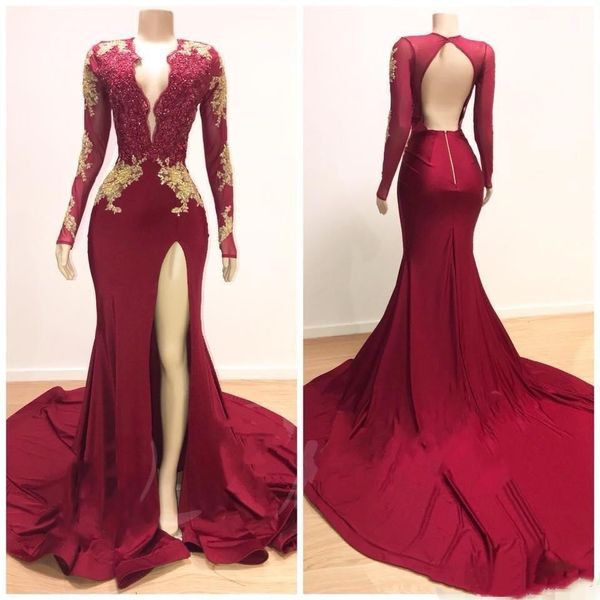 dark red mermaid prom dresses with gold applique beaded deep v neck open back split front formal occasion wear custom made party gown, Black
dark red mermaid prom dresses with gold applique beaded deep v neck open back split front formal occasion wear custom made party gown, Black