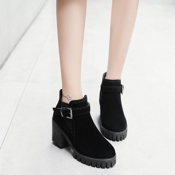 women boots round toe ankle boots high square heels shoes female buckle strap booties flock platform boot botas feminina 2019, Black
women boots round toe ankle boots high square heels shoes female buckle strap booties flock platform boot botas feminina 2019, Black