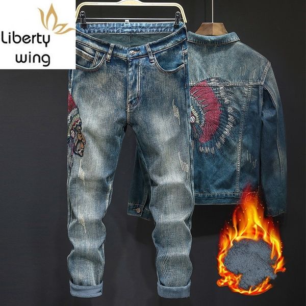 thick fleece lining embroidery ripped men winter plus size denim 2pcs sets long sleeve single breasted jackets full length pants, Gray
thick fleece lining embroidery ripped men winter plus size denim 2pcs sets long sleeve single breasted jackets full length pants, Gray