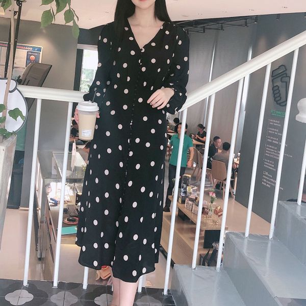 women dress spring / summer 2020 new dress fashion sweet polka dot retro buckle, Black;gray
women dress spring / summer 2020 new dress fashion sweet polka dot retro buckle, Black;gray