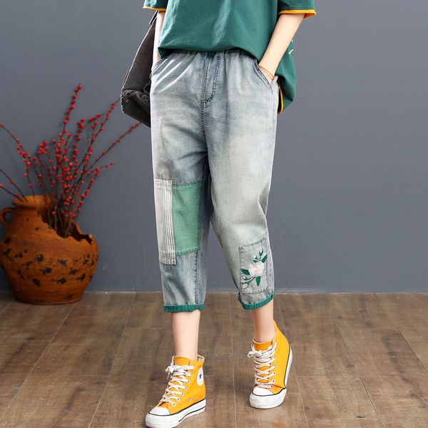 new summer arts style women elastic waist loose jeans patchwork embroidery cotton denim casual calf-length harem pants s883, Blue