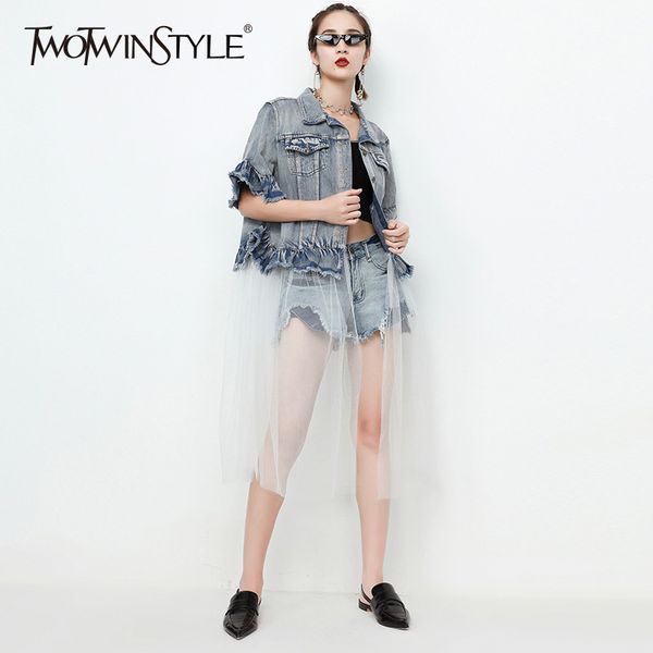 twotwinstyle denim coat female mesh patchwrok ruffles short sleeve high waist lapel collar coats fashion clothing, Black;brown
twotwinstyle denim coat female mesh patchwrok ruffles short sleeve high waist lapel collar coats fashion clothing, Black;brown