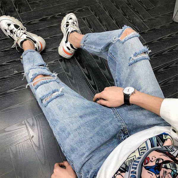 classic ripped hole jeans men casual pure blue straight ankle-length pants